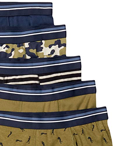 Amazon Essentials Men's Comfortable Cotton Tag-Free Boxer Brief, Pack of 5, Black White Stripe/Camo/Dark Blue/Military Green/Warrior, Large