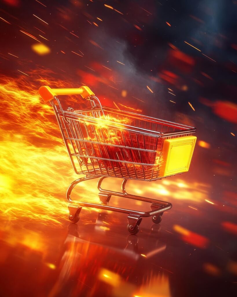 hot deals banner, intense red and yellow theme, price slashes everywhere, glowing shopping carts, countdown timers ticking, online shopping craze.