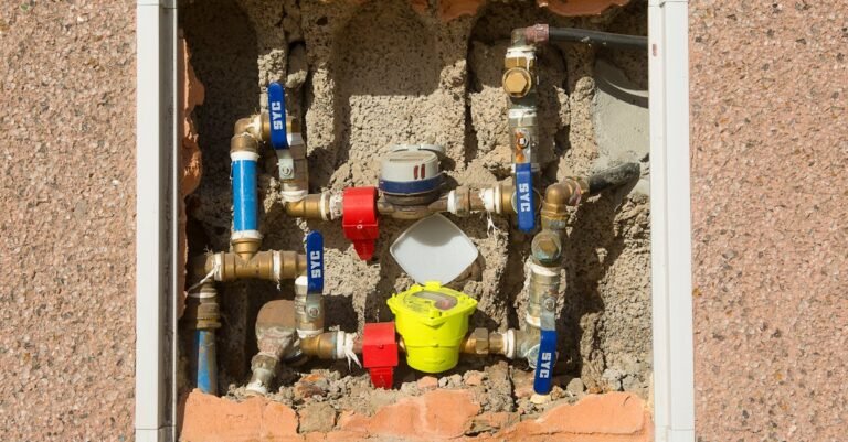 Detailed view of a complex water meter setup embedded in a concrete wall.