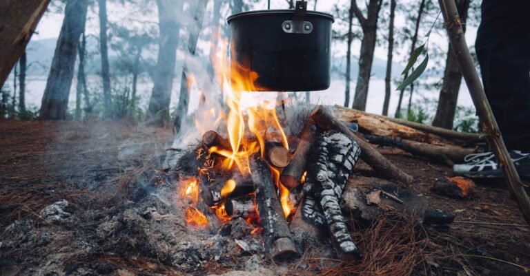 A pot hanging over a campfire in a serene forest, perfect for outdoor adventure enthusiasts.